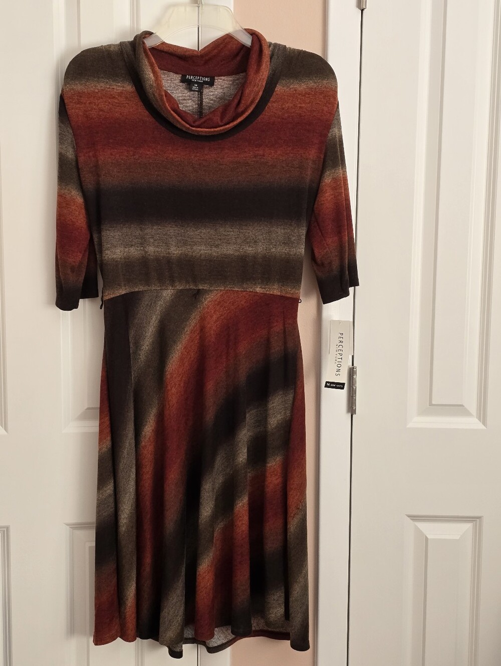 NWT Perceptions NY Cowl Neck Ombre Sweater Dress Warm Earth Tones Knit Size 14